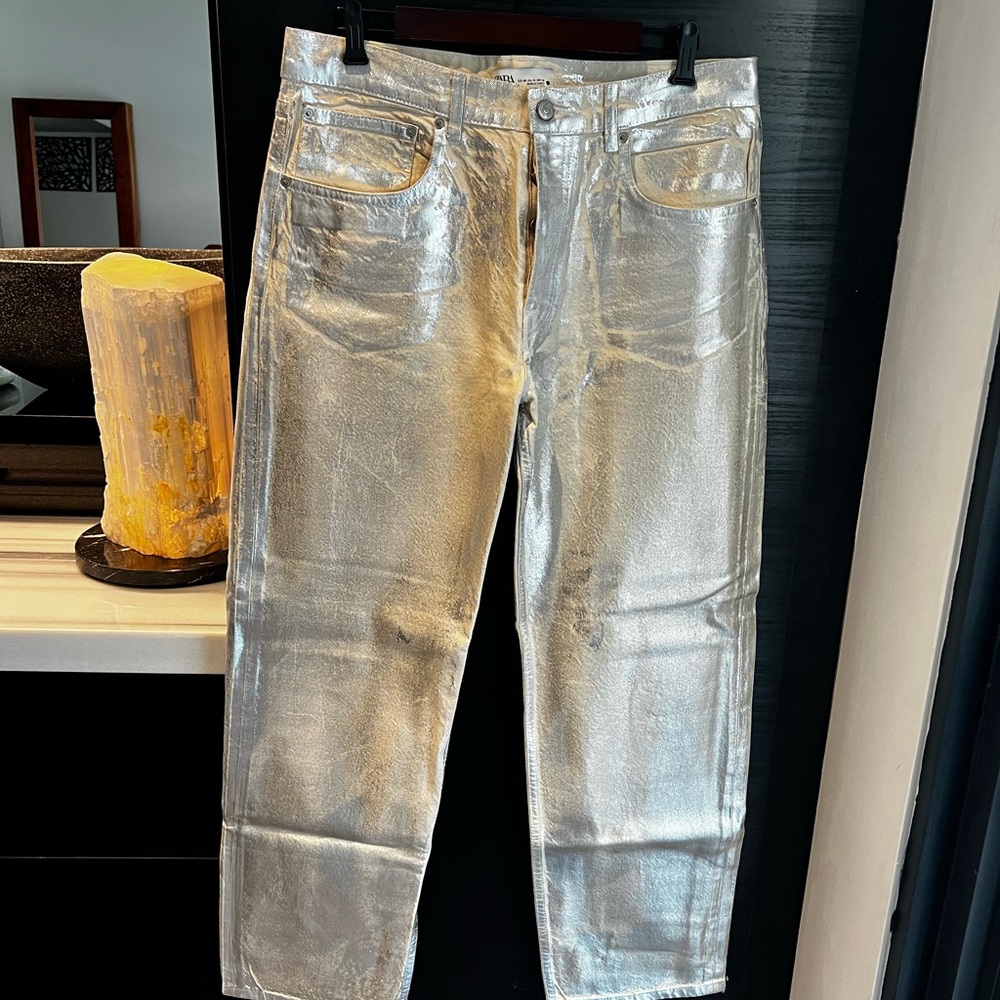 Zara Shimmering Silver High Rise Jeans